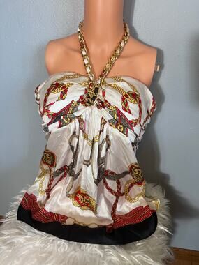 Cache Silk Gold Chain Womens M Halter Top Tank Y2K 90s Mob Wife Maximalist Vtg